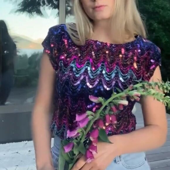 Vintage 80s / 90s Sequin Sparkly Disco Short Sleeve Blouse - Picture 9 of 13